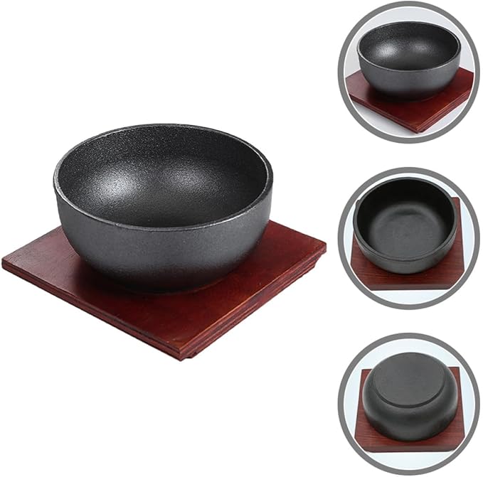 Cast Iron Bibimbap Bowl 15cm Korean Stone Pot Rice Bowl with Wooden Base for Household Cooking and Daily Serving