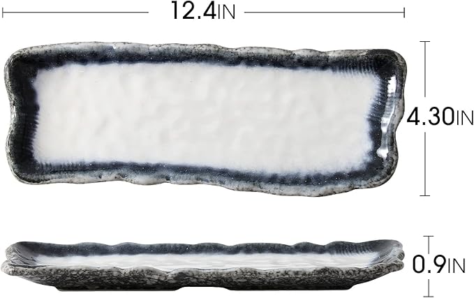 Uaral Japanese Sushi Plates Stoneware Sushi Plate Set Sushi Dish Set Sashimi Plates Rectangular Plate 12.5inch Set of 4, (Blue and White)