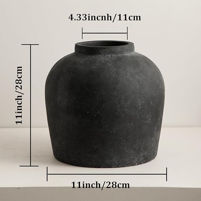Large Ceramic Vase, 11" Rustic Farmhouse Terracotta Vase for Home Decor, Artisan Decorative Flower Vase for Living Room, Table Centerpiece, Bedroom (Rustic Black)