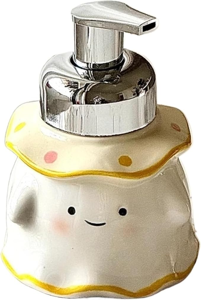 380ml Cute Ghost Ceramic Foaming Soap Dispenser - ABS Plastic Pump Container for Bathroom Vanity, Reusable Hand Soap/Bath Foam Dispenser(Yellow)