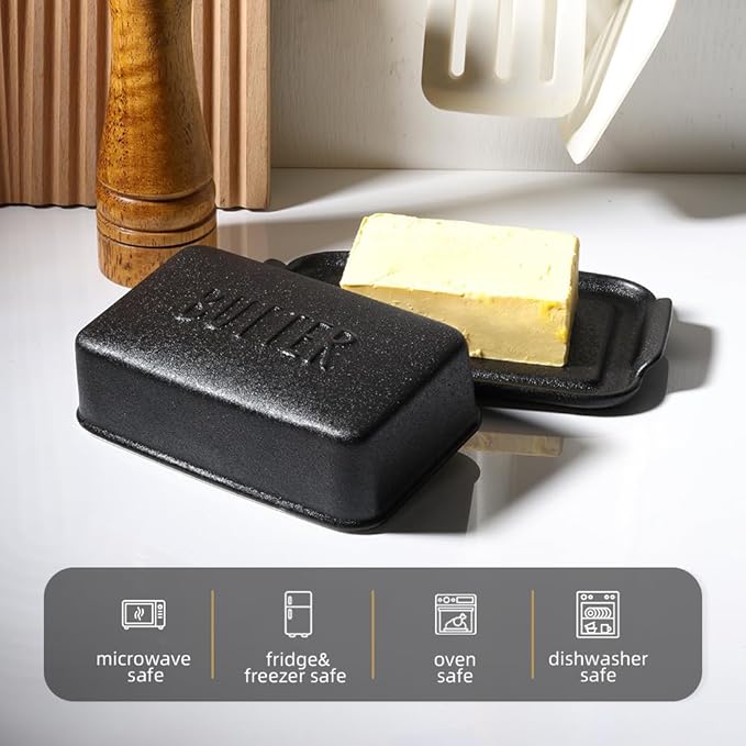 Porcelain Covered Butter Dish with Lid for Countertop Butter Holder Container for One Stick of Butter. Textured Tray Butter Keeper for Non Slip Storage-BLACK SMALL