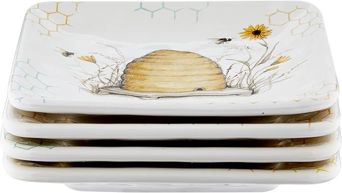 Bee Sweet 6" Canapé & Luncheon Plates, Set of 4 – Assorted Bee & Floral Designs with Uplifting Sayings, Durable Ceramic Appetizer Plates for Spring Entertaining & Cottagecore Décor |(Pack of 3)