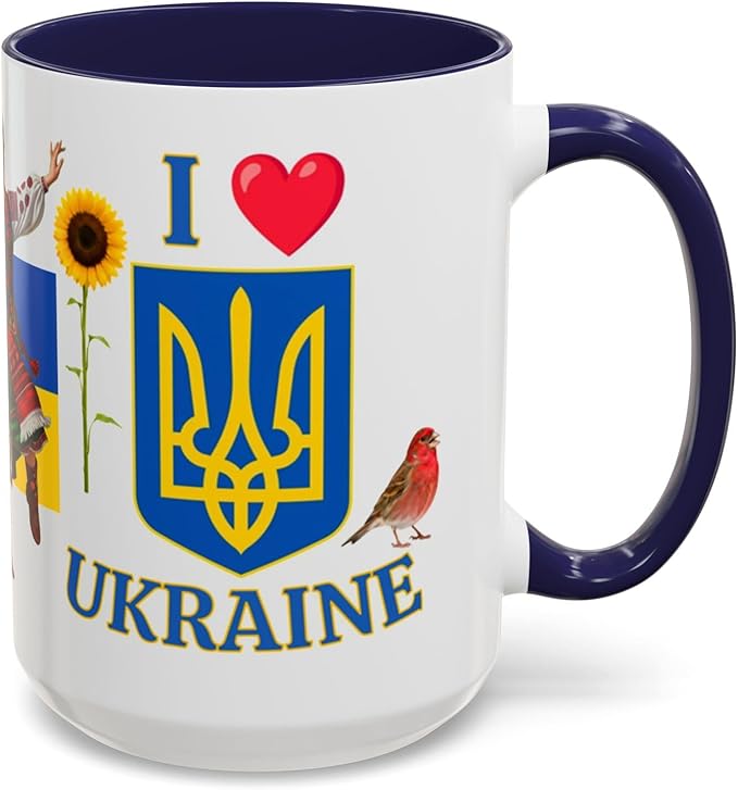 I Love Ukraine 15 oz Coffee Mug - Gift - Christmas Birthdays Gift; Tea Cup (Navy Blue Handle)