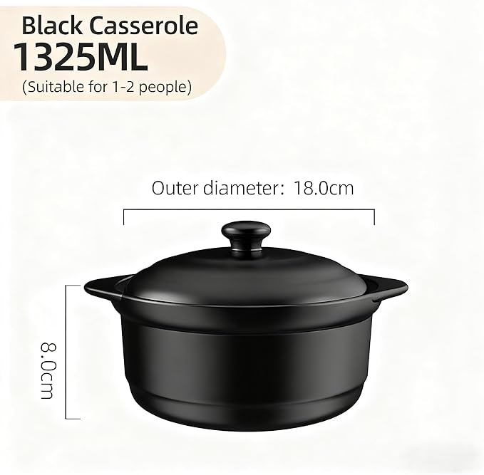 Ceramic Pot with Lid, Heat-Resistant Clay Pot for Cooking, Korean Stone Pot for Soup, Bibimbap, and Stew, 1.9 Quart,1.3L,Black
