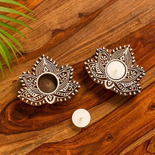 Western Eiderdown Presents Lotus Hand-Carved Block Tea Light Holder (Set of 2, Sheesham Wood) - Decorative Tea Light Candle Holder for Home Décor Votive Tea Light Holder T Lite #Aport-201