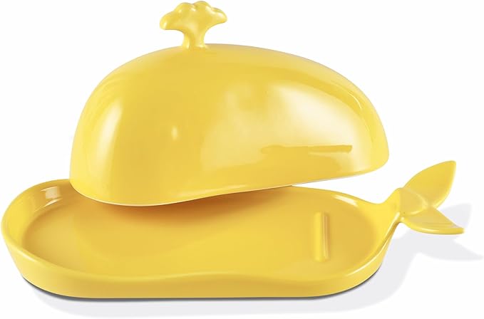 Whale Butter Dish with Lid, Cute Ceramic Butter Dish with Handle for Countertop, Funny Butter Holder Butter Keeper for Kitchen Decor, Ideal Gifts for Housewarming,Wedding, Yellow