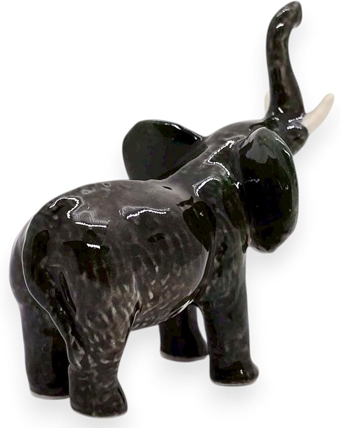 ChangThai Design Tiny 2½" Black Elephant Standing Lift Trunk Figurine - Miniature Hand Made Painted Ceramic Asian Elephants Cute Wildlife Animals Porcelain Decorative Collectible Figurines Décor Gifts