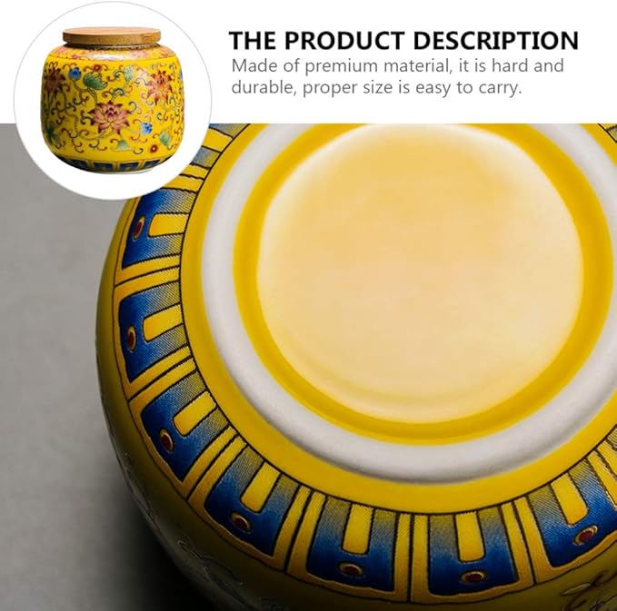 Cabilock Ceramic Tea Canister with Airtight Wood Lid Vintage Chinese Style Tea Storage Jars Traditional Tea Tins Cans Tea 230ML for Kitchen Spice Tea Coffee Condiment Yellow