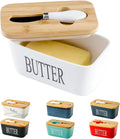 Hasense Porcelain Butter Dish with Bamboo Lid - Covered Butter Dish with Butter Knife for Countertop, Airtight Butter Container with Cover Perfect for East West Coast Butter, White