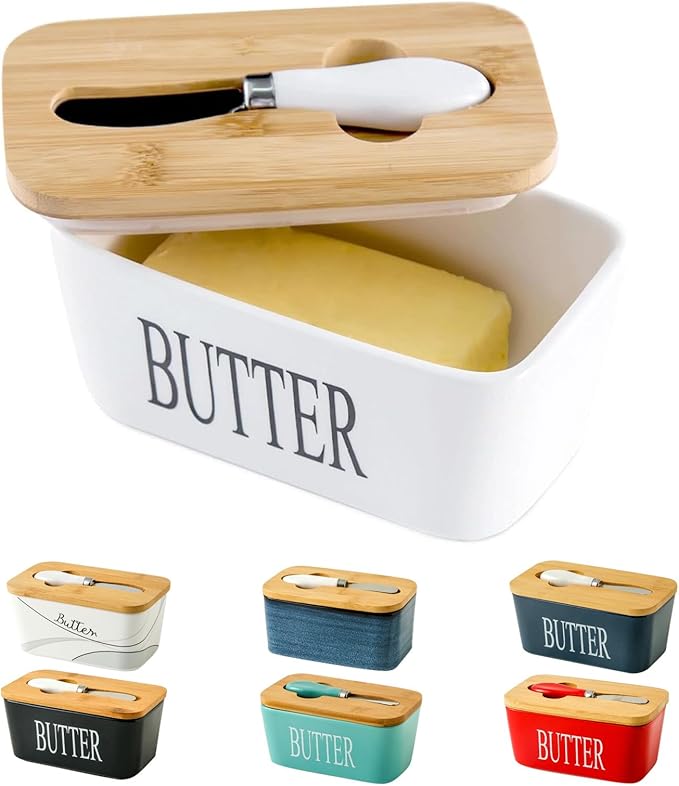 Hasense Porcelain Butter Dish with Bamboo Lid - Covered Butter Dish with Butter Knife for Countertop, Airtight Butter Container with Cover Perfect for East West Coast Butter, White
