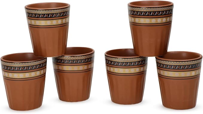Handmade Cantaritos de Barro Ceramic Tea Cups Set – 6 Desi Kulhad Chai/ Coffee (5 oz Capacity), Lead-Free, Dishwasher & Microwave Safe, Glazed, finish Clay Tea/ kulhar/ kullar - Brown Rangoli desgin