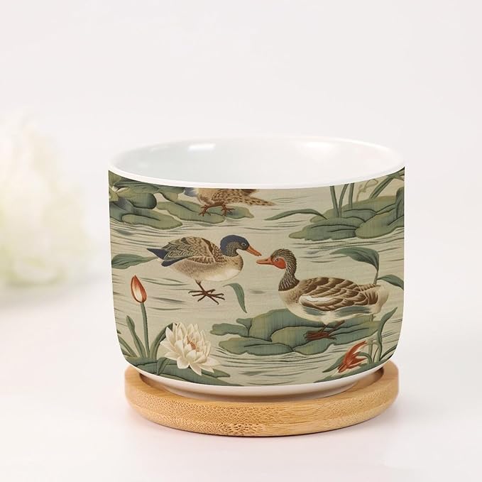 2 Piece Ceramics Plant Pot and Duck Garden Small Ceramics Planter Green Water Lily Chinoiserie Flower Succulent Pot Traditional Chinese Chinoiserie Plant Pot with Drainage Holes