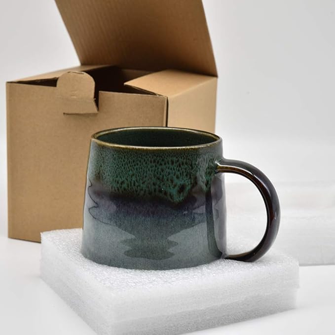Large Ceramic Coffee Mug, Pottery Mug,Tea Cup for Office and Home,Handmade Pottery Coffee Mugs,16.5 Oz,Dishwasher and Microwave Safe,kiln altered glaze craft (Dark Green)