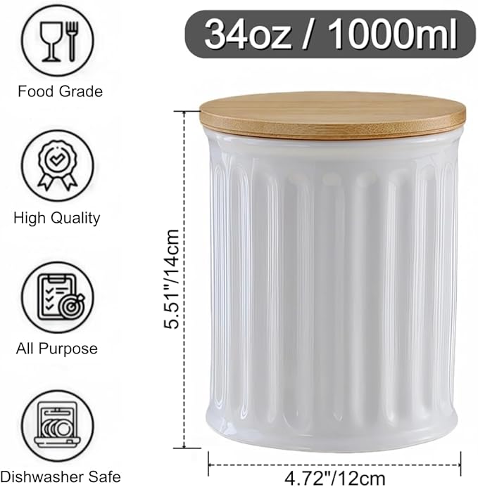 Ceramic Jar with Lid, Airtight 34oz Food Storage Canister for Coffee, Sugar, Tea, Spice, Flour, Decorative Countertop Container, Coffee Canister Sugar Container (White-Stripes)
