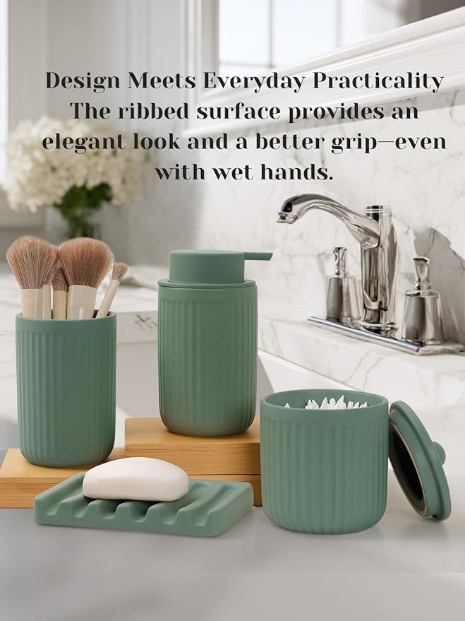 INGOFIN 4 Pcs Ceramic Bathroom Accessory Set - Liquid Soap Dispenser, Toothbrush Holder,Contain Cotton Swab Jar & Soap Dish,Countertop Accessories for Home, Guest Bathroom, Office, Matte Green