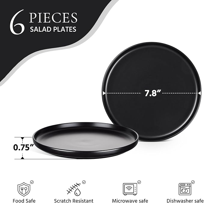 E-far 8” Ceramic Salad Plates Set of 6, Stoneware Dishes Dessert Plate for Home Kitchen Restaurant, Microwave & Dishwasher Safe – Matte Black