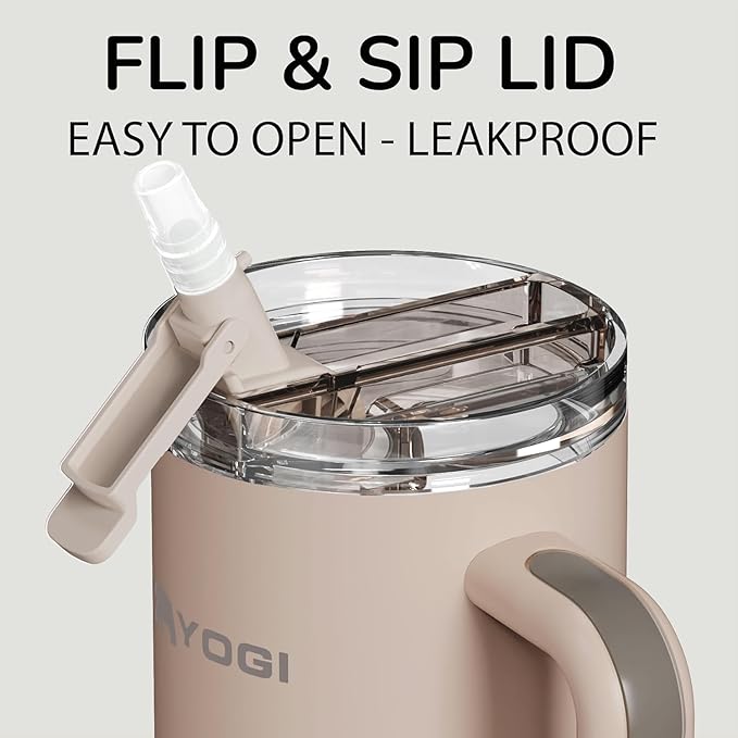 YOGI Ceramic Lined Metal Allergy Safe 40oz Tumbler with Handle and Straw Leakproof Flip & Sip Lid Vacuum Insulated Stainless Steel Travel Cup for Iced Coffee Water and All-Day Hydration 40oz Driftwood