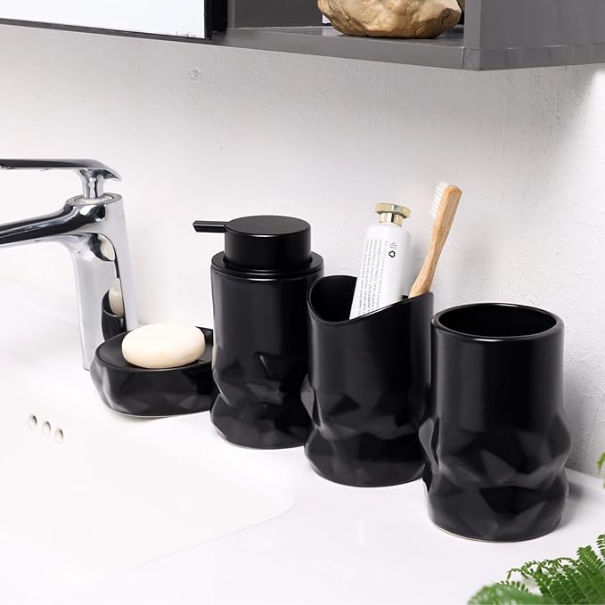 BosilunLife Modern Ceramic Bathroom Accessories Set, Bathroom Counter Set Matte Black Bathroom Decor Sets Accessories Bathroom Lotion Soap Dispenser, Toothbrush Holder Set, Soap Dish, Apothecary Jars