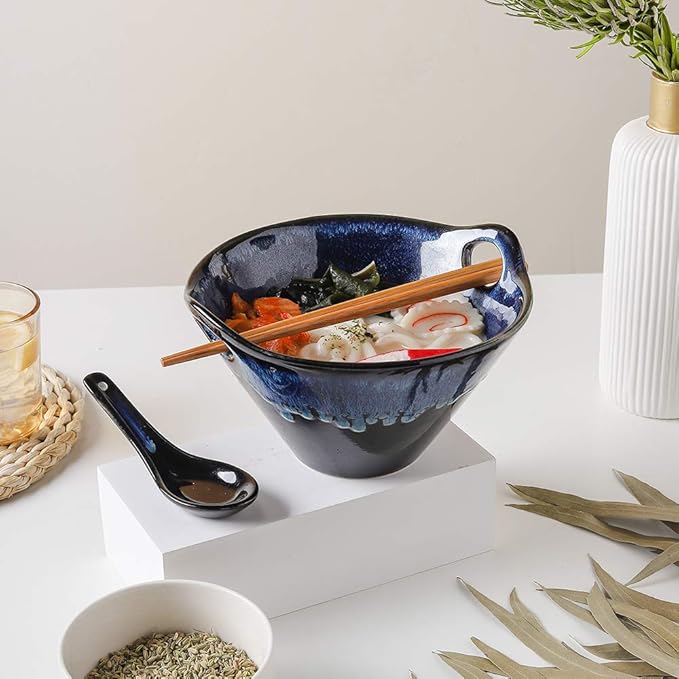 KOOV Porcelain Japanese Ramen Bowls with Chopsticks and Spoons, 26 Ounce, Deep Pho Bowl, Reactive Glaze (Blue Galaxy), Set of 2