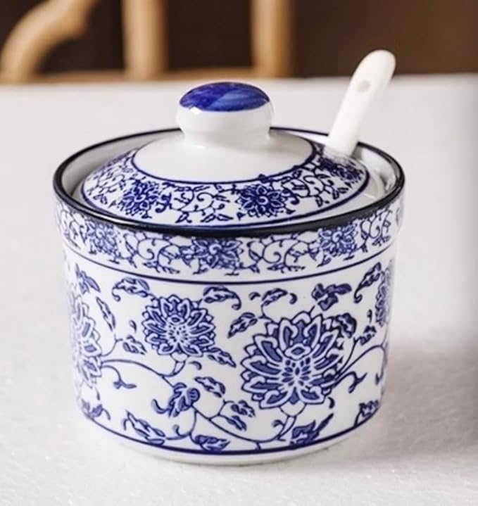 123Arts Ceramic Blue and White Sugar Bowl Spice Jar with Lid Spoon Seasoning Pot