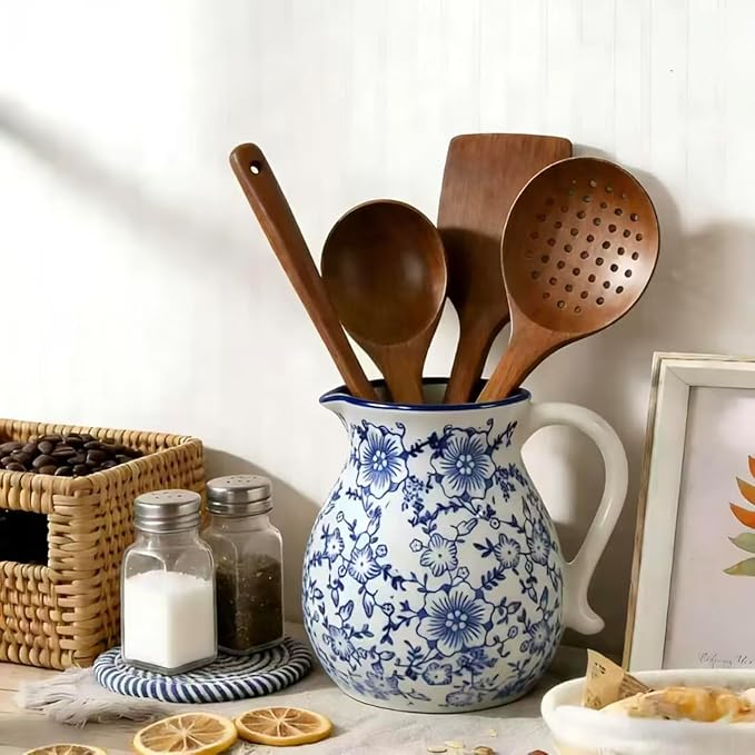 Rustic Ceramic Utensil Holder, 6.1" Modern Farmhouse Cooking Utensil Holder for Kitchen Counter with Handle, Kitchen Utensil Organizer Crock (Blue white)