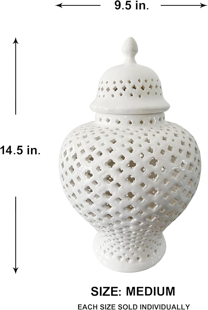 Noori Home - 100% Modern Glam Artisan Ceramic ELLA Medium White Ginger Jar Urns with Lid 9.5x9.5x14.5