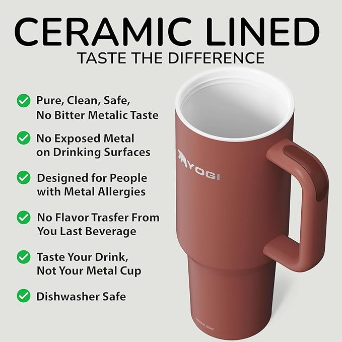YOGI Ceramic Lined Metal Allergy Safe 30oz Tumbler with Handle & Straw Leakproof Flip & Sip Lid Vacuum Insulated Stainless Steel Travel Cup for Iced Coffee Water and All-Day Hydration 30oz Terracotta
