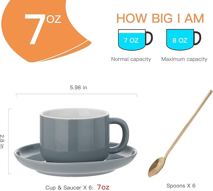 8oz Cappuccino Cups Set of 6, Ceramic Coffee Cups and Saucers Set with Spoons, Gray Durable Coffee Cups for Cappuccino Espresso Latte Mocha Au Lait Macchiato Cafe