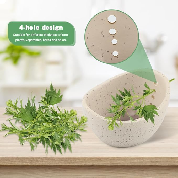 Pottery Herb Stripper Bowl, Handmade Ceramic Herb Peeling Cup with Different Hole Sizes for Separating Leaves and Stems(Color:White)