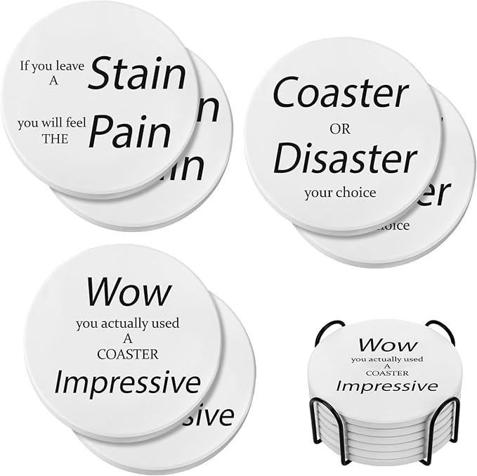 Heat Resistant Coasters House Warming Gifts - Set of 6 Non Slip Ceramic Funny Coasters for Hot Drinks with Holder, New Home Housewarming Gift Ideas, 4in White