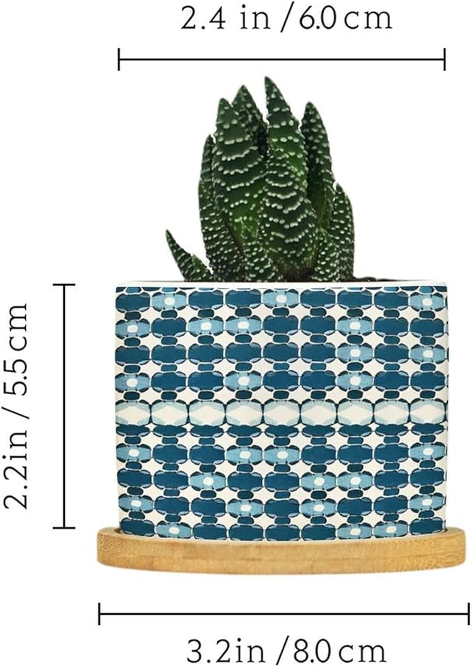 DreamAutumn Navy Blue Geometric Pattern Ceramic Pots for Plants with Drainage Holes Round Flower Pot Bamboo Tray Orchid Pot Succulents Pots for Outdoor Indoor Plants,Housewarming Gifts