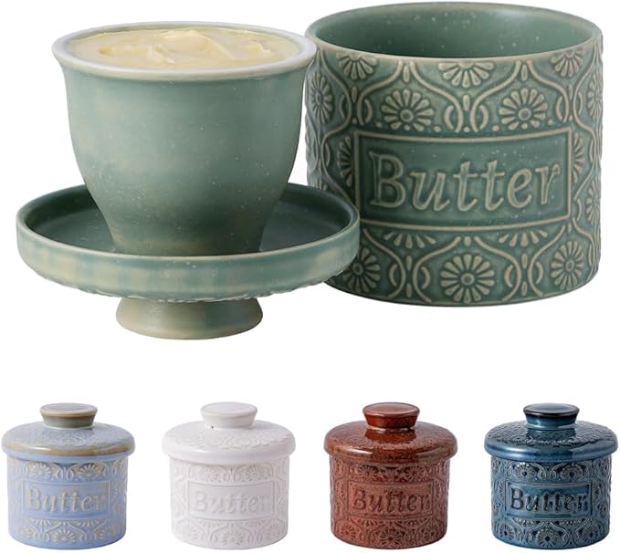 TEATALK Ceramic French Butter Crock - Vintage Relief Pattern Butter Keeper with Water Seal, 6.7oz Green Butter Dish for Fresh Spreadable Butter, Farmhouse Kitchen Decor & Gift