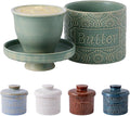 TEATALK Ceramic French Butter Crock - Vintage Relief Pattern Butter Keeper with Water Seal, 6.7oz Green Butter Dish for Fresh Spreadable Butter, Farmhouse Kitchen Decor & Gift