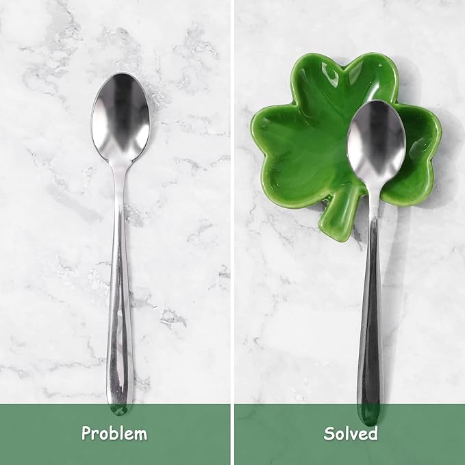 Whaline 4 Pcs 2.7 Inch St. Patrick's Day Mini Ceramic Spoon Rest Gradient Green Shamrock Small Coffee Spoon Holder Clover Ring Dish for Irish Holiday Home Coffee Station Bar Accessories