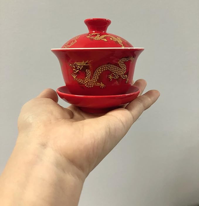Porcelain Kung Fu Tea Cup and Saucer with Lid, Chinese Traditional Gaiwan Sancai Tea Bowl Tea Set Dragon Pattern (Red)