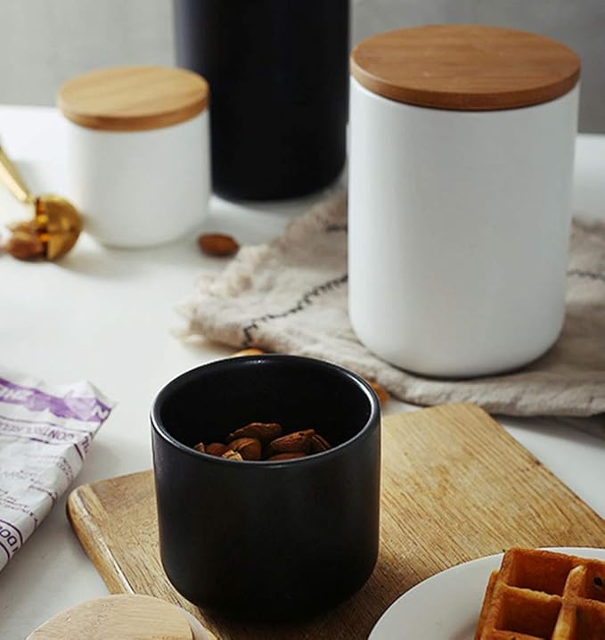 Ceramic Pure Color Sugar Bowl Spice Jar Storage Pot with Wooden Lid