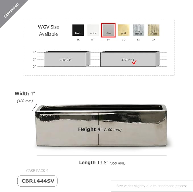 WGVI Long Rectangle Ceramic Planter Vase in Silver 14" x 4" x 4"H, Rectangular Box Block Terrarium Pot, Flower Arrangement, Tabletop Centerpiece, Home Decor Organization Storage Container, 4 Pcs