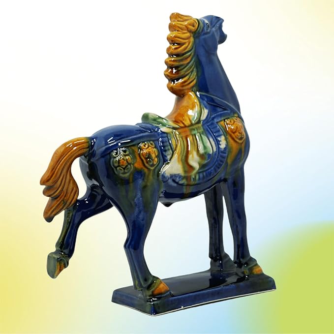 Handmade -Tang Dynasty Tri-Color Horse Sculpture Ceramic Horse-19cm Cultural Art Piece for Home,Bookcase or Office Decor (Blue)