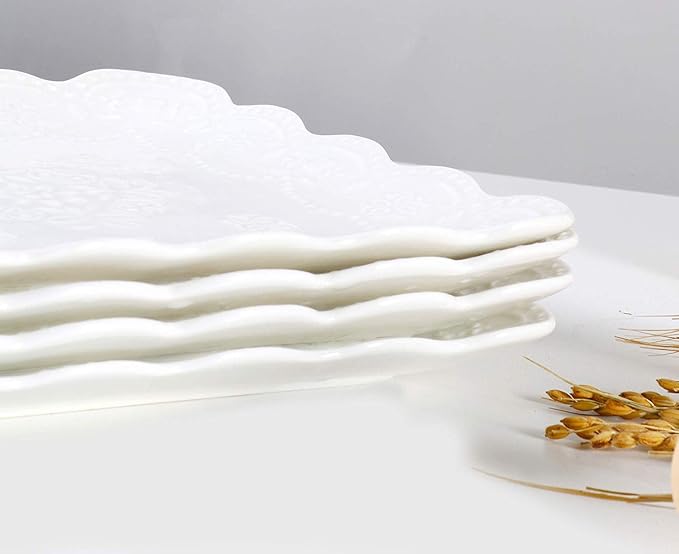 Elegant Square Embossed Lace Plate Bone China Dessert Plate Ceramic Plate for Breakfast Afternoon Tea (White, 8-inch)
