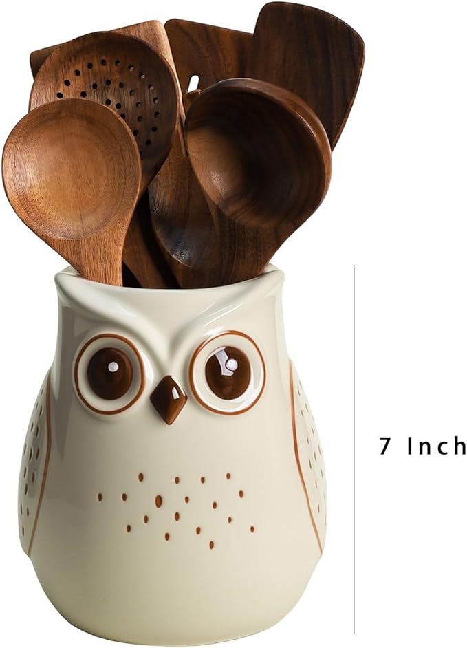 SOCOSY Owl Ceramic Kitchen Utensil Holder For Countertop, Cooking Utensil Crock Holder Spatula Holder