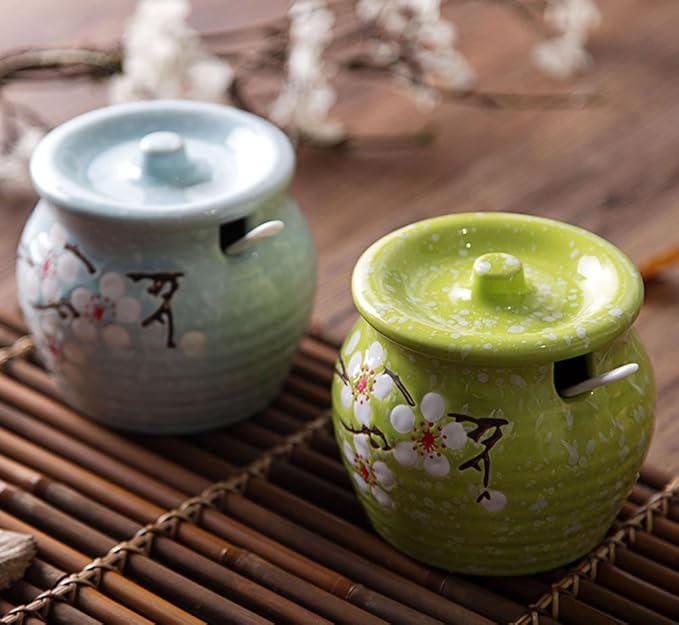 Ceramic Flower Sugar Bowl Seasoning Pot Salt Pepper Storage Jar with Lid And Spoon