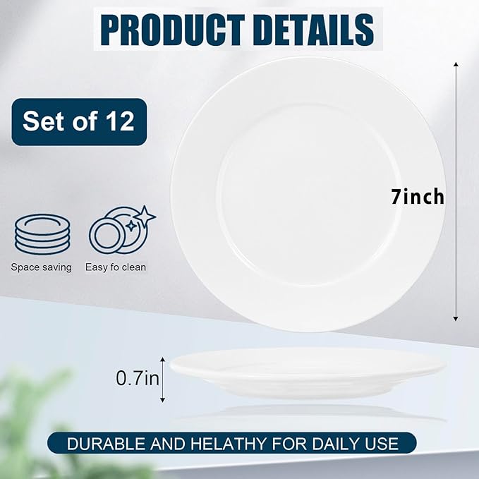 IJRPLM12 Pcs Porcelain Dessert/Salad Plate,Small Appetizer Plates,7 inch Small White Plates,Ceramic Dessert Plate Set,Microwave Oven and Dishwasher Safe