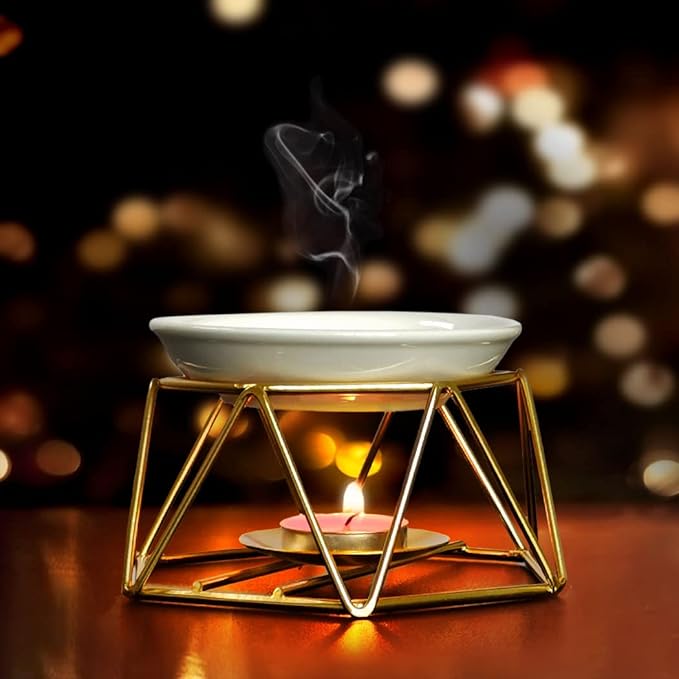 SXCHEN Tealight Oil Burner Ceramic Essential Oil Burner Tealight Candle Holder Aroma Scented Candle Oil Diffuser Glod Metal Tea Light Wax Melt Warmer Furnace Home Decoration