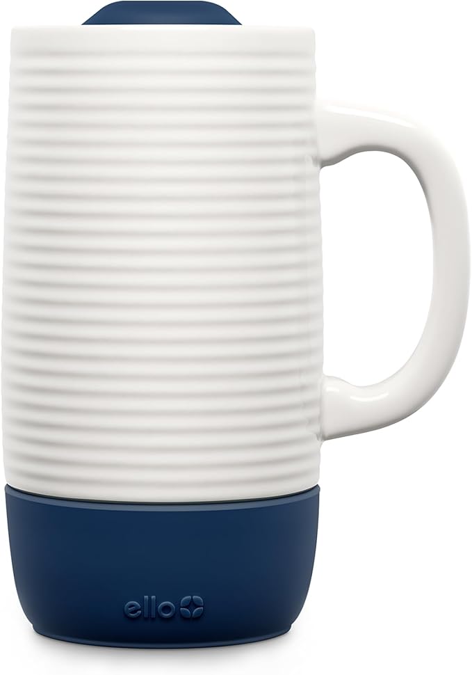 Ello Jane 18oz Ceramic Travel Mug with Handle, Splash-Resistant Slider Lid and Built-in Coaster, Perfect for Coffee and Tea, BPA Free, Dishwasher Safe, Holiday Gift Her Him, Midnight