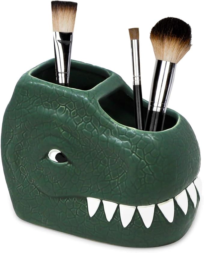 Isaac Jacobs Green Ceramic Dinosaur Dual Compartment Toothbrush Holder, Multi-Purpose Organizer, for Toiletries, Bathroom, Kitchen, Crafts, Desk, Novelty Bathroom Accessory (2-Section Cup, Green)