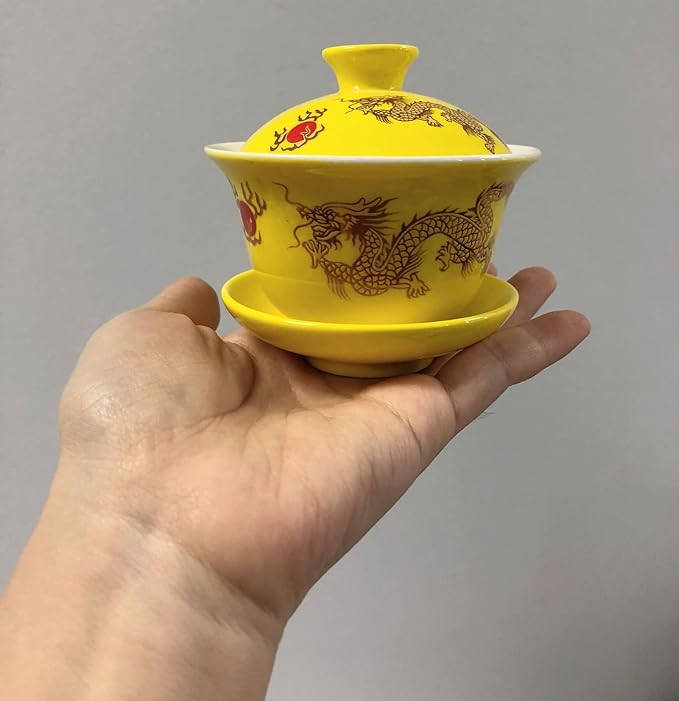 Porcelain Kung Fu Tea Cup and Saucer with Lid, Chinese Traditional Gaiwan Sancai Tea Bowl Tea Set Dragon Pattern (Yellow)