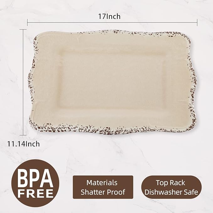 Gourmet Art Crackle Set of 2 Melamine Rectangular Serving Trays/Platters Cream 17"