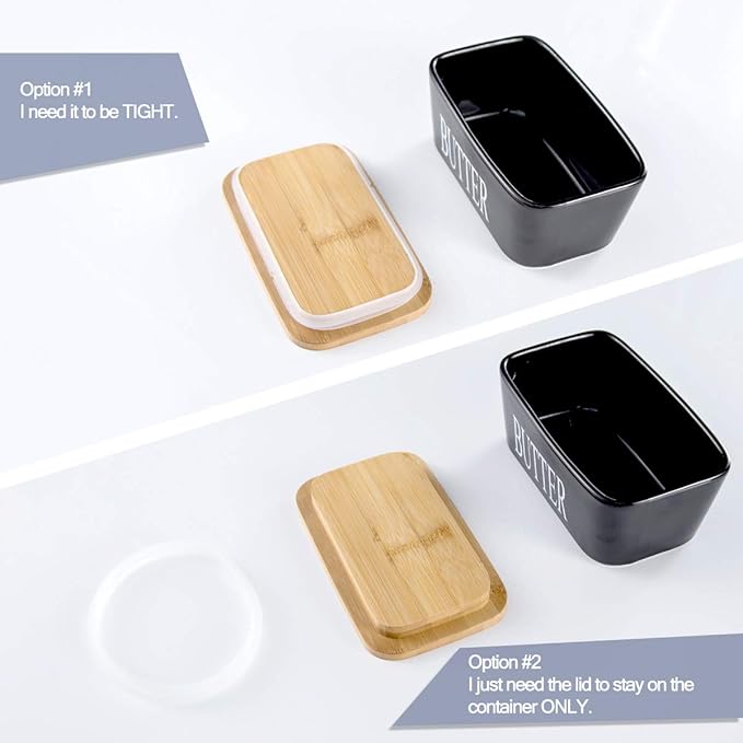 Hasense Porcelain Butter Dish with Bamboo Lid - Covered Butter Keeper with Butter Knife for Countertop, Airtight Butter Container with Cover for East West Coast Butter, Black