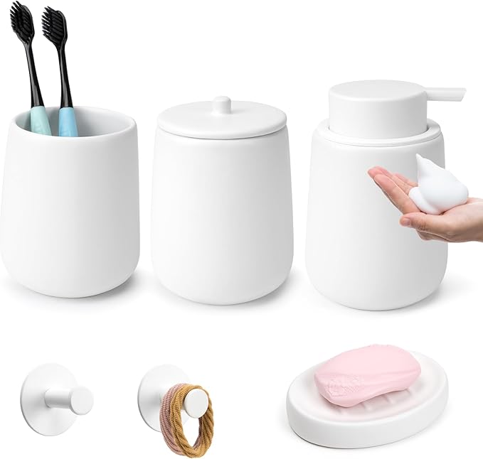 Ceramic Bathroom Accessories Set 6 Pcs, White Bathroom Accessory Set Includes Foaming Soap Dispenser with Rust-Proof Plastic Pump, Bathroom Cup, Qtip Holder, Soap Dish, 2Pcs Adhesive Hooks for Home