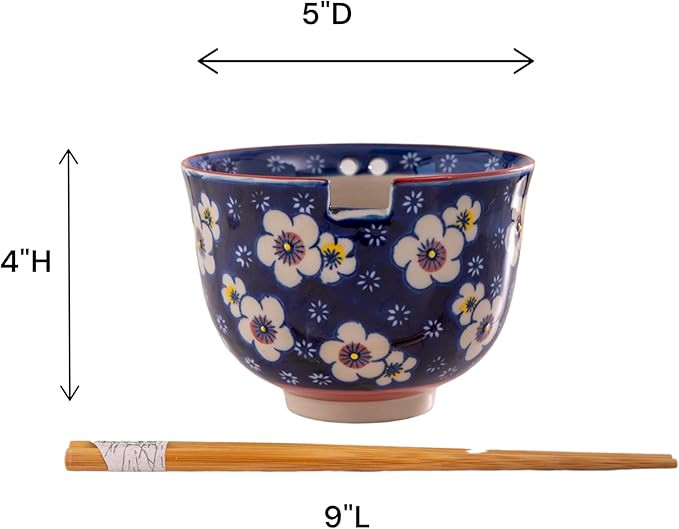 Urban Tokyo Handpainted Ceramic Glazed Japanese Ramen Udon Noodle Rice Bowl With Chopsticks 20 fl oz 5 inch Diameter Bowl Sets Color Box Packaging (Plum Blossoms)